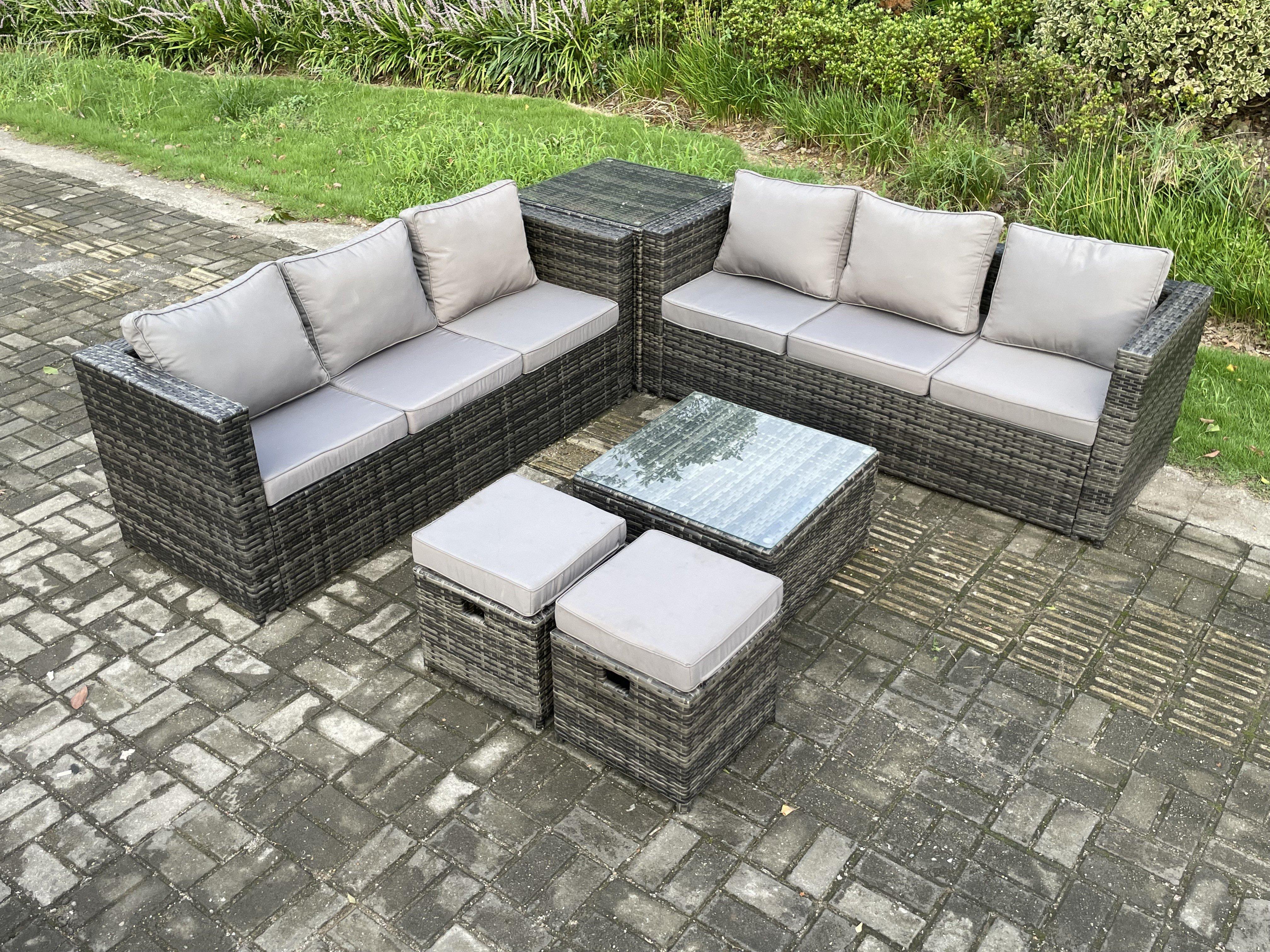 8 Seater Rattan Garden Furniture Sofa Set with Side Table Square Coffee Table 2 Small Footstool Dark